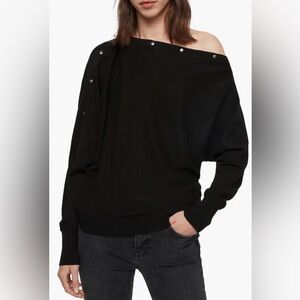 ALLSAINTS Elle Jumper/Black Crewneck Sweater with Branded Button Detail Size M